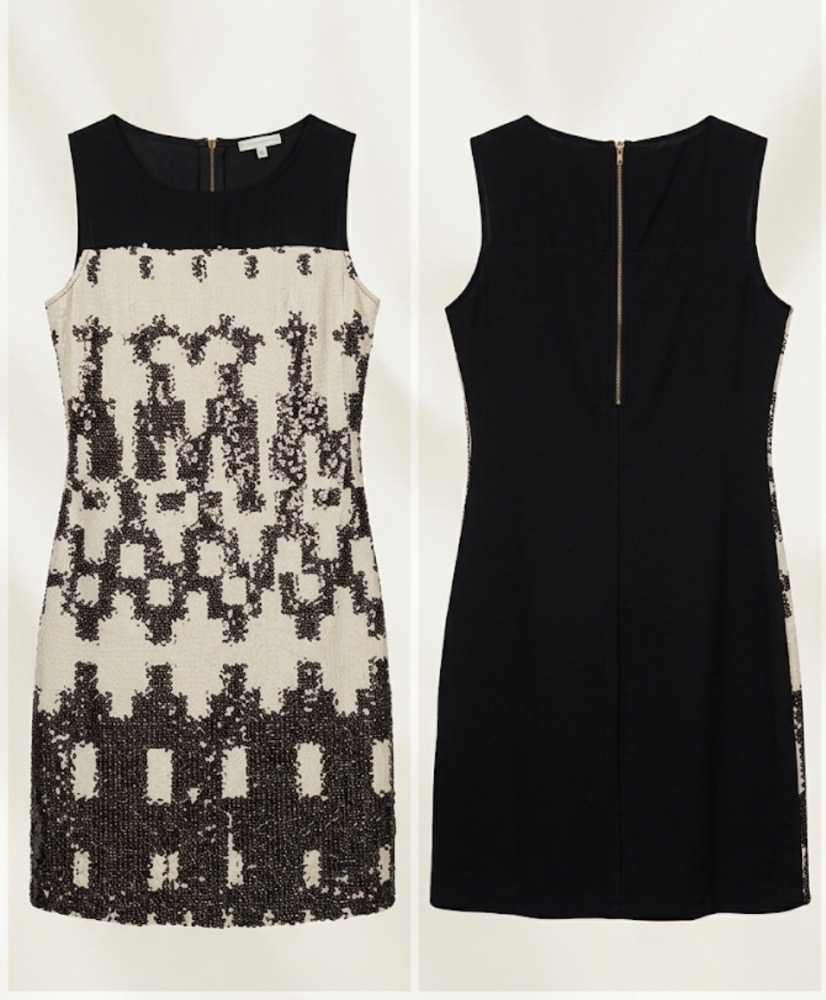 Vends superbe robe droite sans manches, idéale pour une soirée, un cocktail ou une occasion spéciale.
 Design unique : L'avant est magnifiquement travaillé avec un empiècement noir uni en haut e...